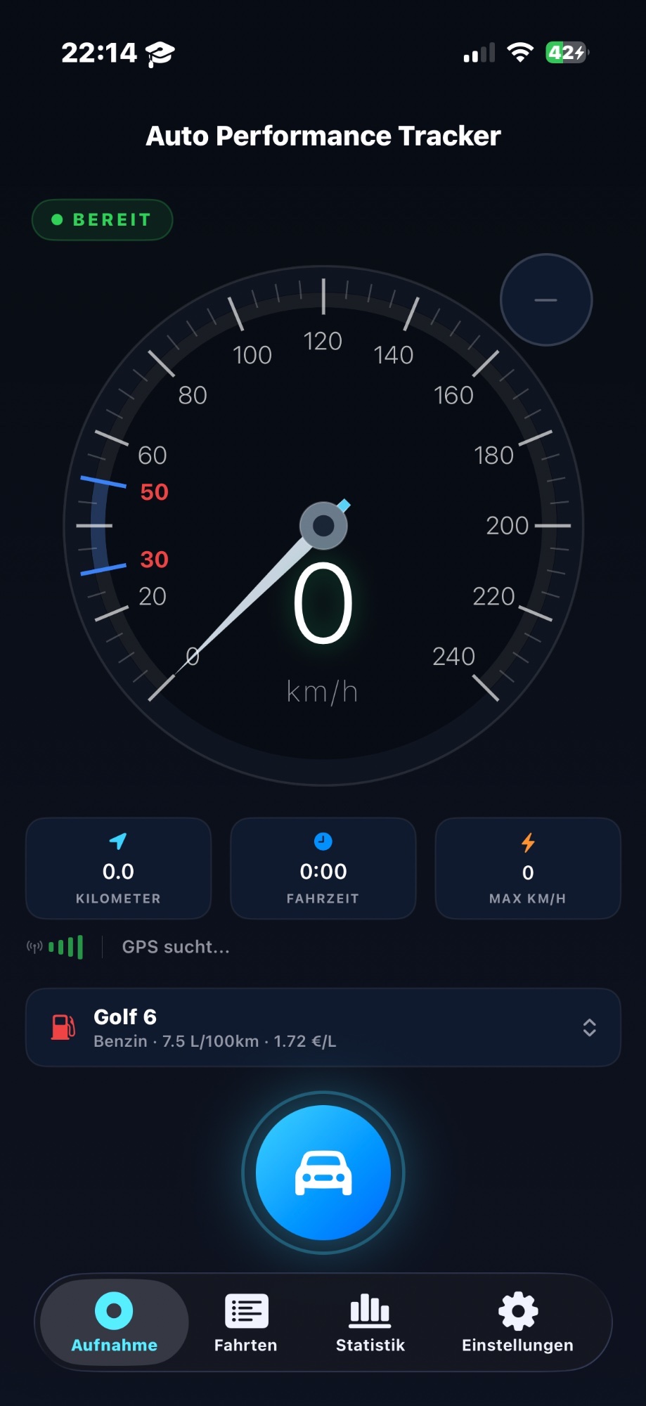 Auto Performance Tracker – Aufnahme-Ansicht